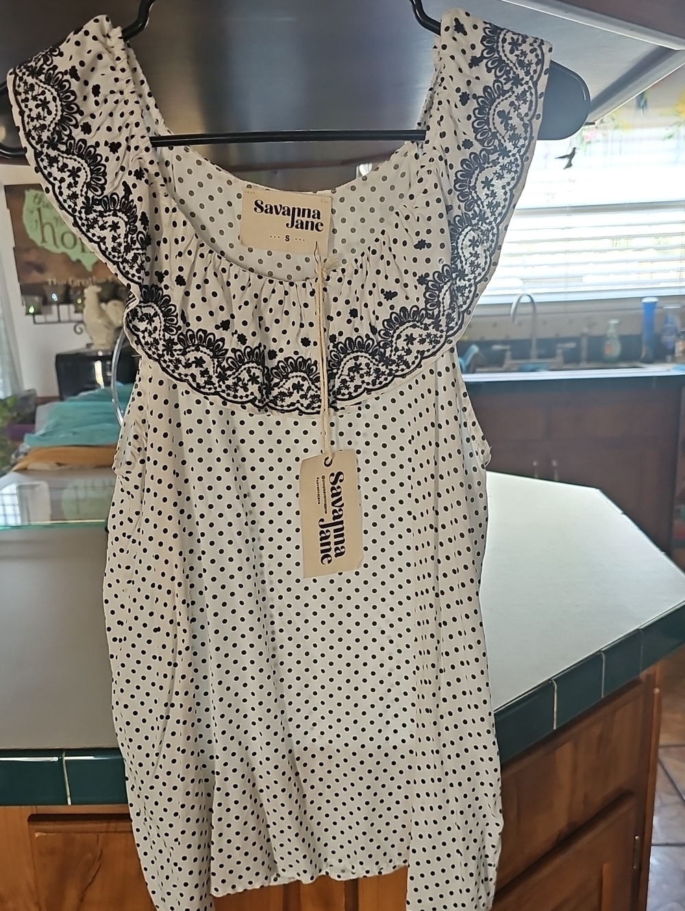 Savanna Jane White Dress with Black Polka Dots and Scalloped Ruffle